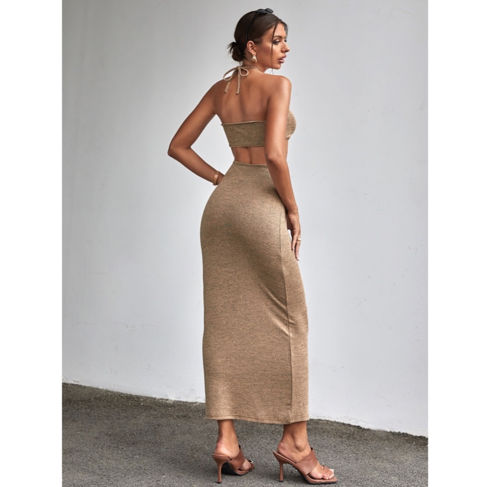 Khaki Slim Dress Tie Knot Front Halter Top Long - Picture 3 of 7